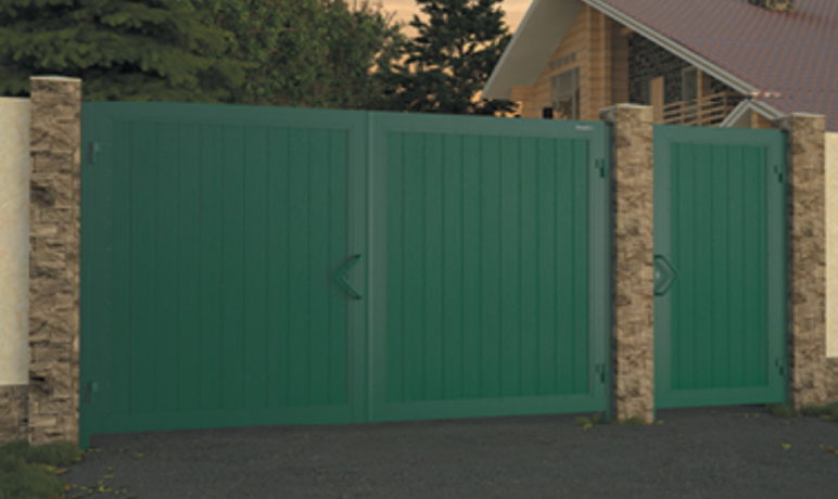 Ворота уличные распашные в алюминиевой раме с сэндвич панелью, 3500x2500, зеленые, доска